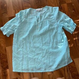 Loft Womens Blouse Top Floral Eyelet 3/4 Sleeve Button Up Light Blue light vacay